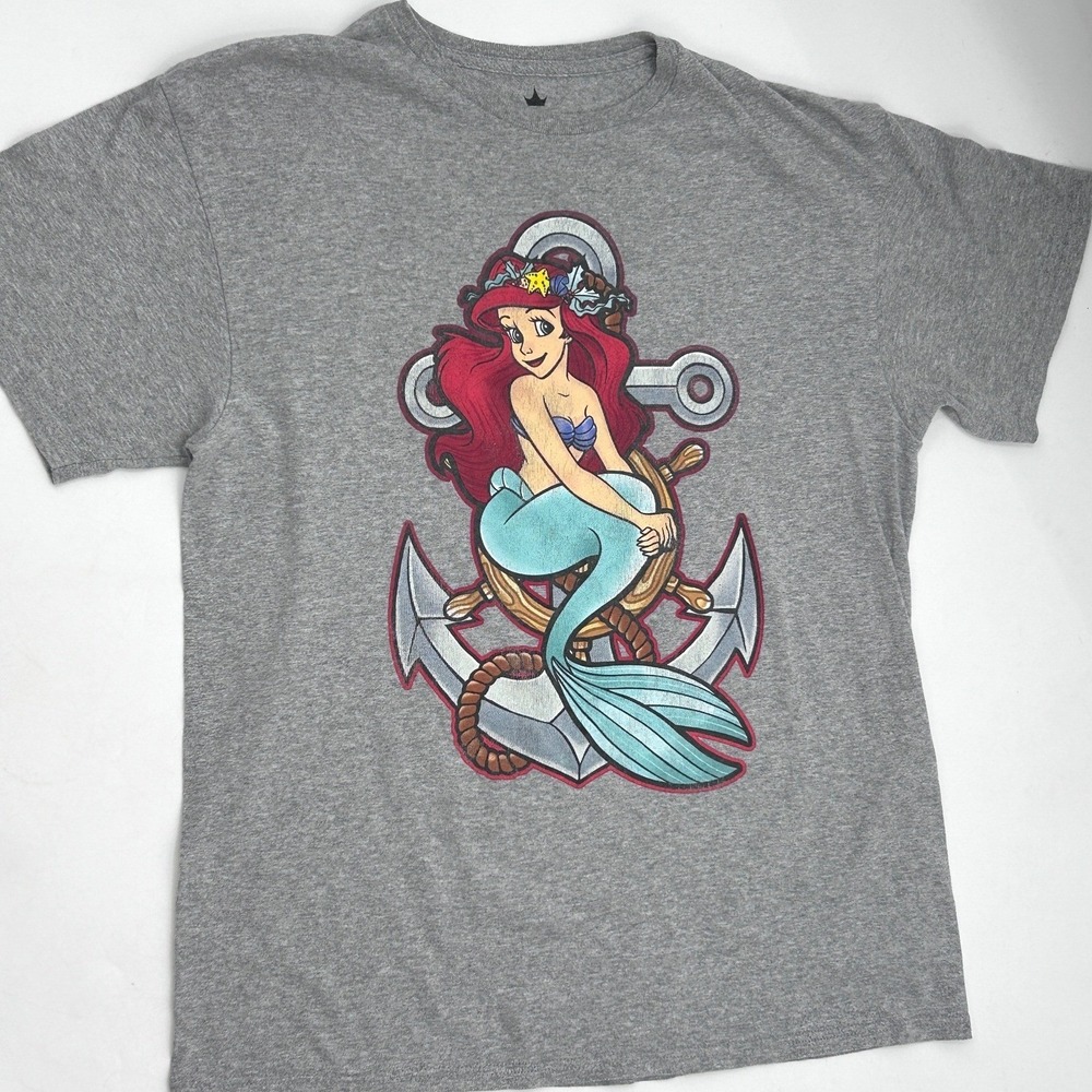 Disney Ariel Little Mermaid Gray Graphic Tee Women's Large Nautical Shirt